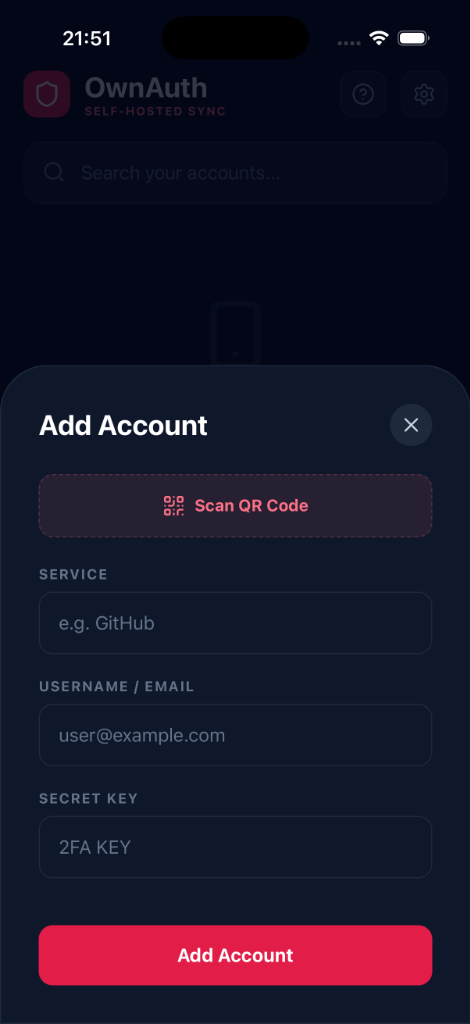 Add Account Screen